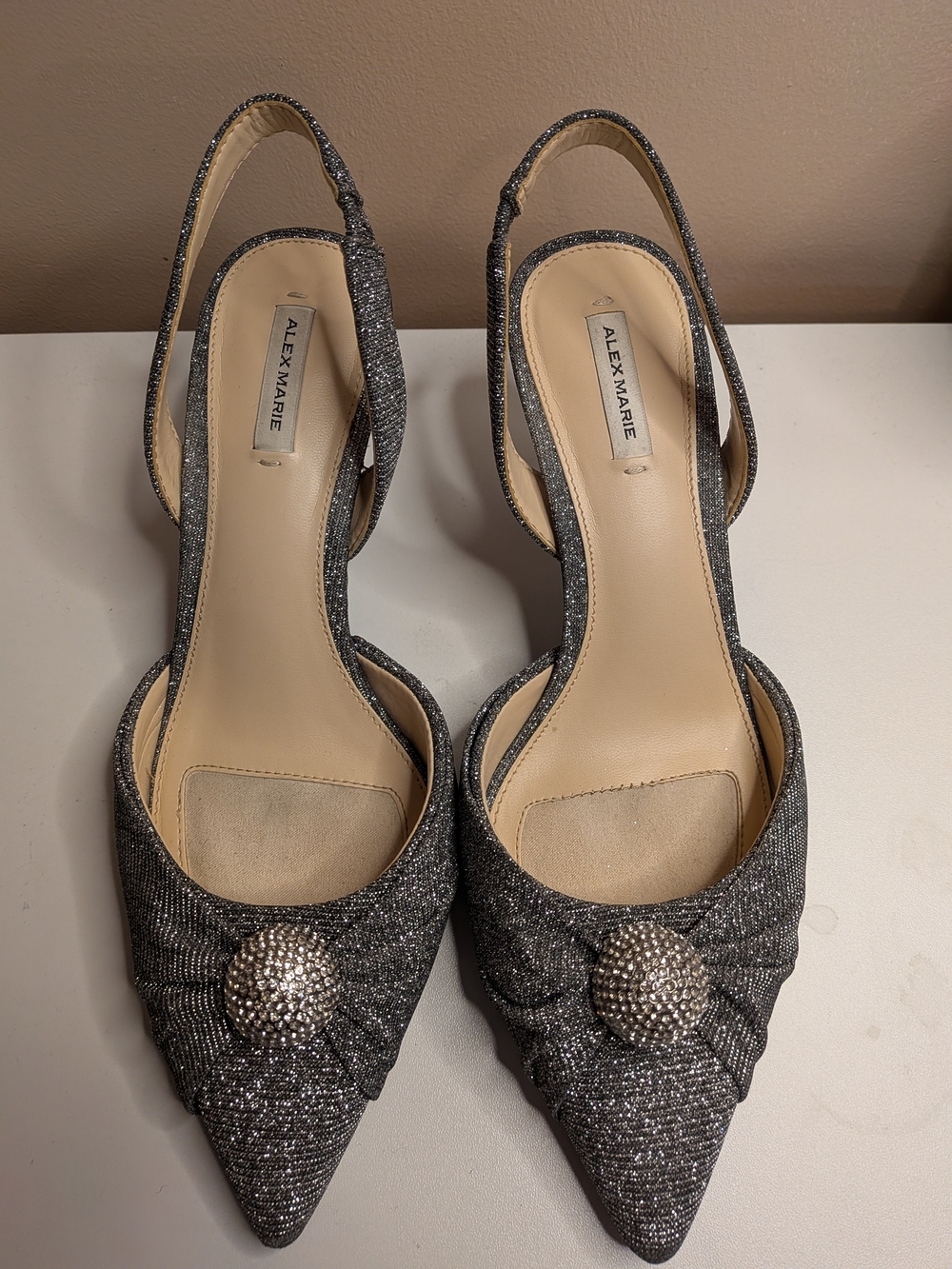 Alex Marie Silver Glitter Kitten Heel Slingback Pointed Toe Shoes Size 7M